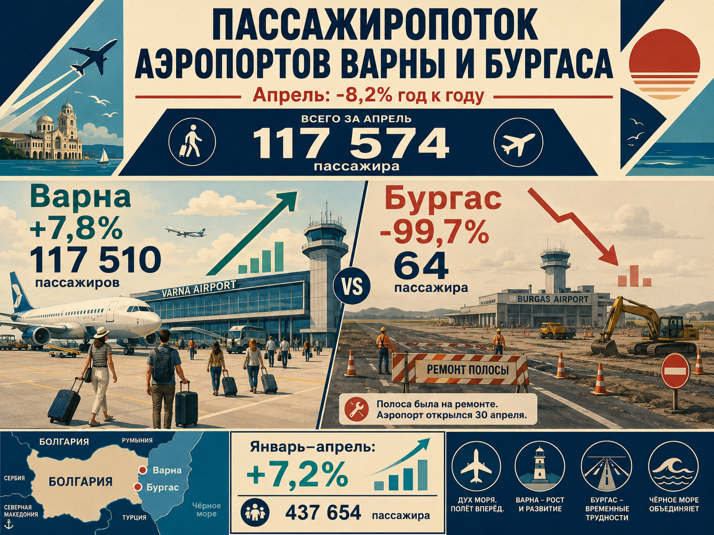 SeeNews — пассажиропоток аэропортов Варны и Бургаса снизился в апреле на 8,2